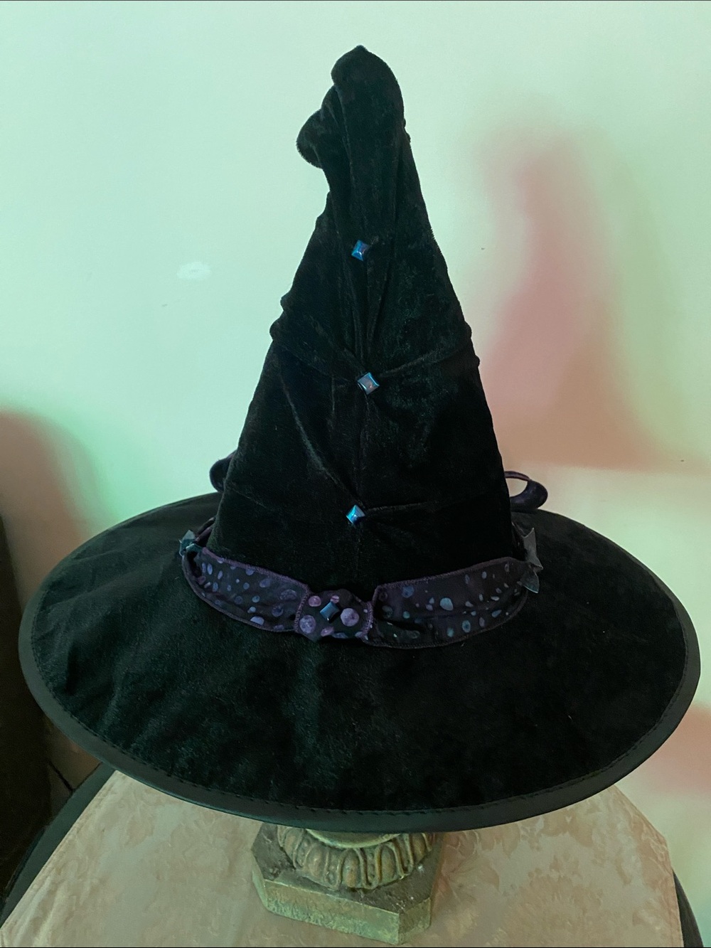 Witch Hat with leather trim, jewels and bow.